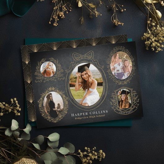 金ゴールドフレーム&ボタニカルアクセント黒卒業 招待状