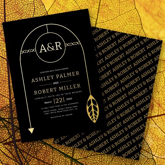 金ゴールドフレーム(リーフ付き、イニシャルブラック結婚) 箔招待状
