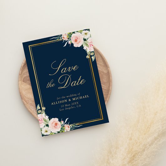 金ゴールドフレームnavy赤面フローラ保存デイトカード 招待状