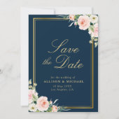 金ゴールドフレームnavy赤面フローラ保存デイトカード 招待状 (正面)