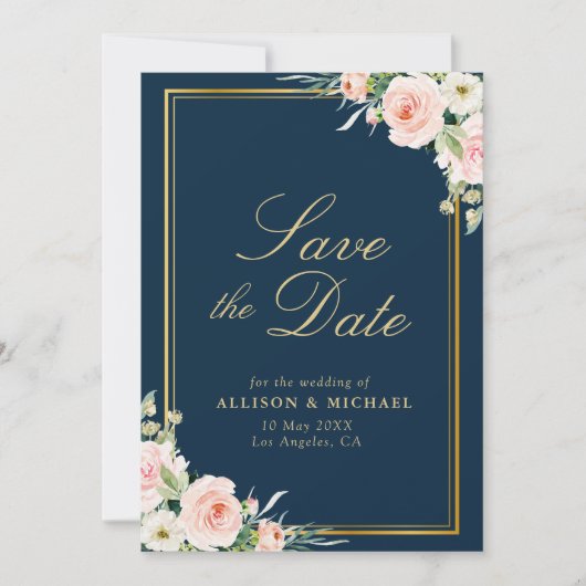 金ゴールドフレームnavy赤面フローラ保存デイトカード 招待状 (正面)