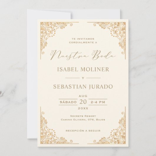 金ゴールドフレ華美ームヌエストラスペインのボダ結婚ズ 招待状 (正面)