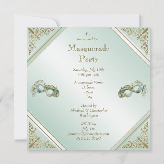金ゴールドフロイッシュマスクマスカレードパーティーミントグリーン 招待状 (裏面)