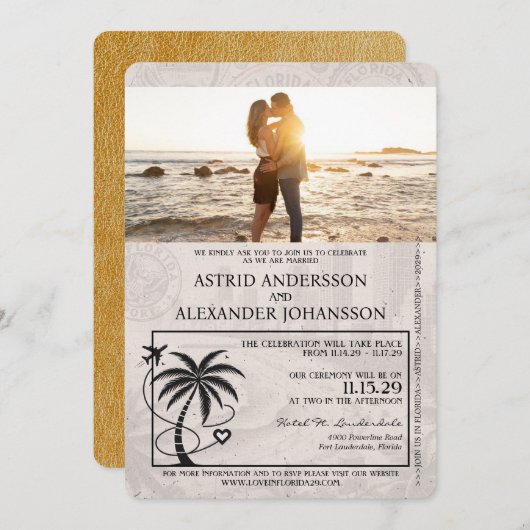 金ゴールドフロリダパスポート結婚式招待状 招待状 (正面/裏面)