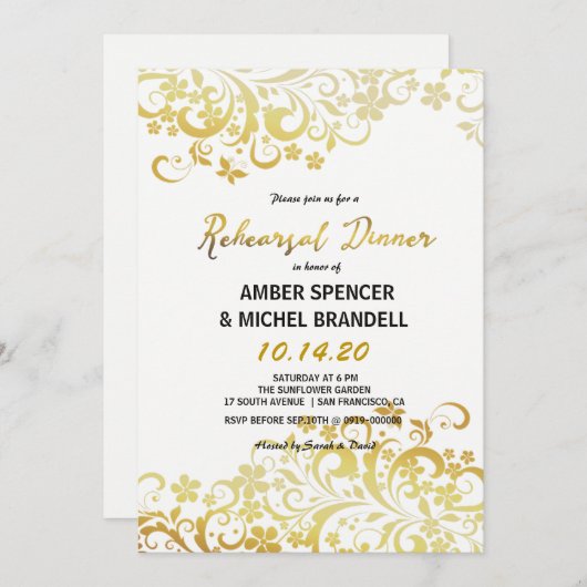 金ゴールドフローイングフローラリハーサルディナー招待状 招待状 (正面/裏面)