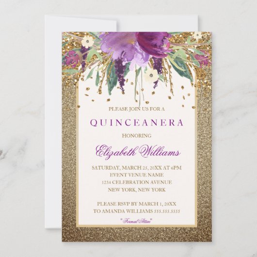 金ゴールドフローラきらめくアメジストキンセアニェラ招待状 招待状 (正面)