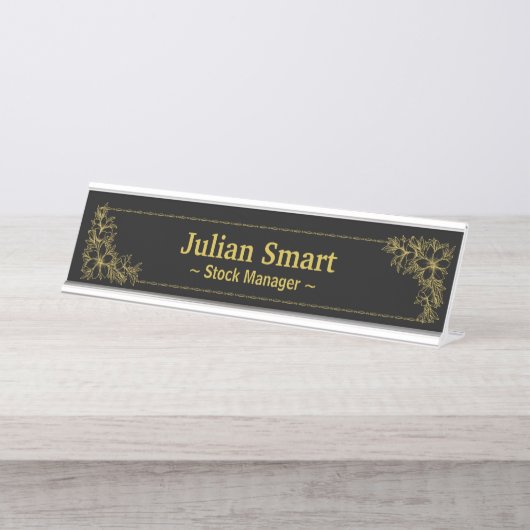 金ゴールドフローラとフレーム デスクネームプレート (正面)