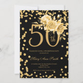 金ゴールドフローラと紙吹雪50th Birthday Party Black 招待状 (正面)
