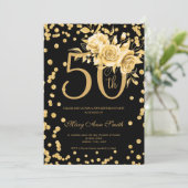 金ゴールドフローラと紙吹雪50th Birthday Party Black 招待状 (スタンド正面)