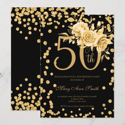 金ゴールドフローラと紙吹雪50th Birthday Party Black 招待状 (正面/裏面)