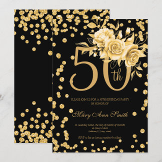 金ゴールドフローラと紙吹雪50th Birthday Party Black 招待状