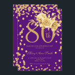 金ゴールドフローラと紙吹雪80th Birthday Party Purple  招待状<br><div class="desc">80thエレガント誕生日パーティー金ゴールドフローラとグリッター紙吹雪招待テンプレート。生け花モダンを特徴とする。</div>