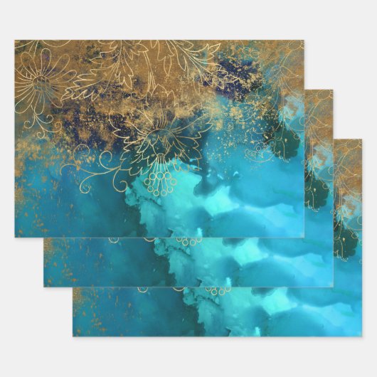 金ゴールドフローラのアウトライン(ティール(緑がかった色)緑) ラッピングペーパーシート (セット)