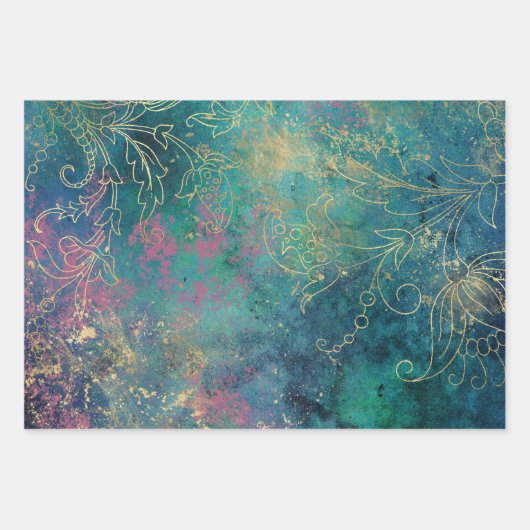 金ゴールドフローラのアウトライン(ピンクティール(緑がかった色)) ラッピングペーパーシート (正面3)