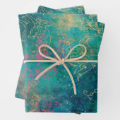 金ゴールドフローラのアウトライン(ピンクティール(緑がかった色)) ラッピングペーパーシート (インサイチュ)