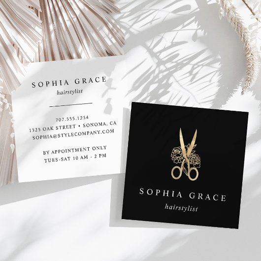 金ゴールドフローラはさみロゴヘアスタイリスト スクエア名刺