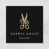 金ゴールドフローラはさみロゴヘアスタイリスト スクエア名刺 (正面)