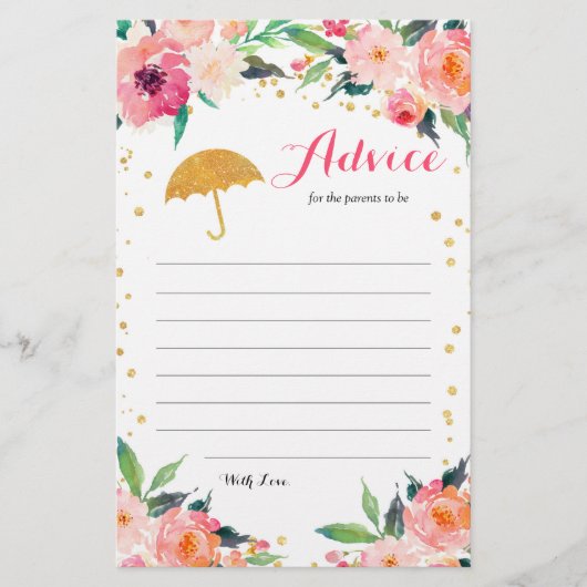 金ゴールドフローラエイプリルシャワー赤ちゃんシャワーアドバイスカード (正面)