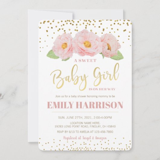 金ゴールドフローラエレガントスイートベビーガールシャワー 招待状 (正面)