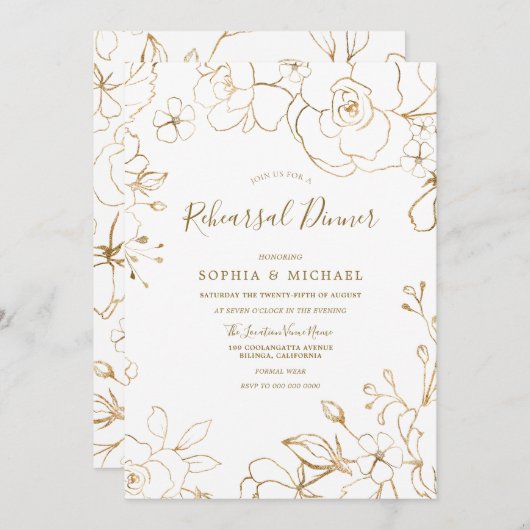 金ゴールドフローラエレガントホワイトリハモダンーサルディナー 招待状 (正面/裏面)