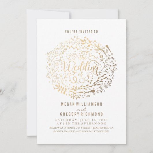 金ゴールドフローラエレガントモダン結婚ブーケ 招待状 (正面)