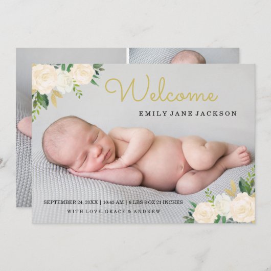 金ゴールドフローラエレガント写真の誕生発表 案内状 (正面/裏面)