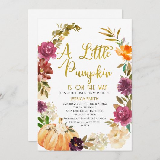 金ゴールドフローラカボチャリースベビーシャワー招待状 招待状 (正面/裏面)