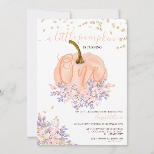 金ゴールドフローラカボチャ水カラー最初の誕生日 招待状 (正面)