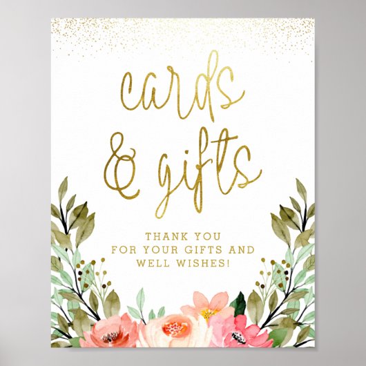 金ゴールドフローラカードとギフトのブライダルシャワー記号 ポスター (正面)