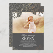 金ゴールドフローラガールフォトバースデーパーティーへの招待 招待状 (正面/裏面)