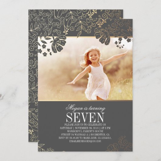 金ゴールドフローラガールフォトバースデーパーティーへの招待 招待状 (正面/裏面)