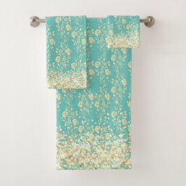金ゴールドフローラキラキラのガラス バスタオルセット