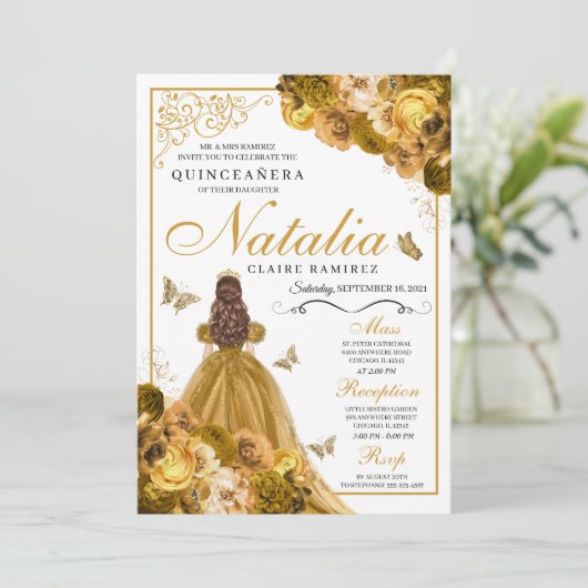 金ゴールドフローラキンセアニェラ誕生日招待状 招待状 (スタンド正面)