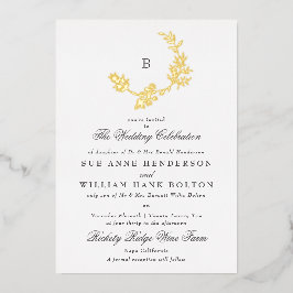 金ゴールドフローラクラシックリースモノグラ結婚ム 箔招待状