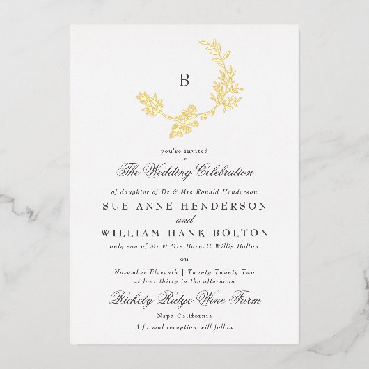 金ゴールドフローラクラシックリースモノグラ結婚ム 箔招待状 (正面)