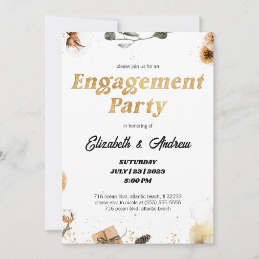 金ゴールドフローラクリスマス婚約パーティ招待状 招待状 (正面)