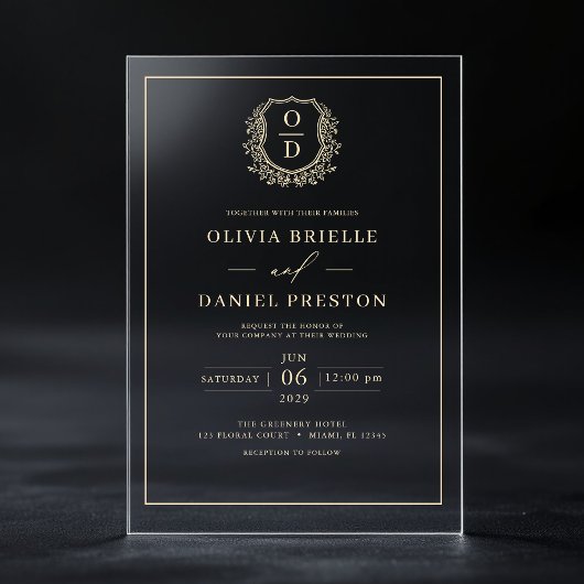 金ゴールドフローラクレストモノグラ結婚ムエレガントズ アクリル招待状