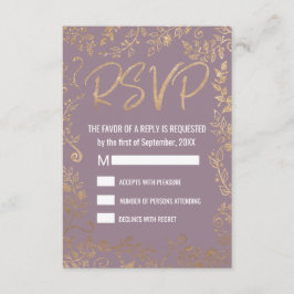 金ゴールドフローラグラデーショングリッターMauve薄紫RSVP 出欠カード