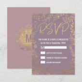 金ゴールドフローラグラデーショングリッターMauve薄紫RSVP 出欠カード (正面/裏面)