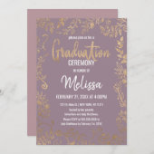 金ゴールドフローラグリッターグラデーションMauve薄紫卒業 招待状 (正面/裏面)