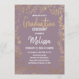 金ゴールドフローラグリッターグラデーションMauve薄紫卒業 招待状