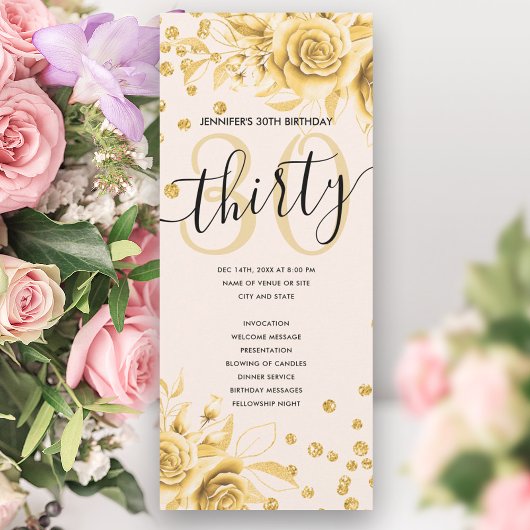 金ゴールドフローラグリッター30th誕生日プログラム 招待状