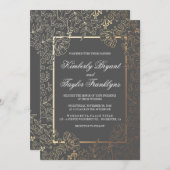 金ゴールドフローラグレーヴィンテージウェディング招待状 招待状 (正面/裏面)