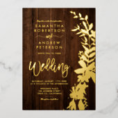 金ゴールドフローラシック結婚な素朴な茶色の木 箔招待状 (正面)