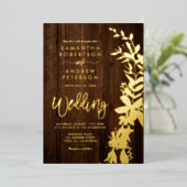金ゴールドフローラシック結婚な素朴な茶色の木 箔招待状 (立ち正面)