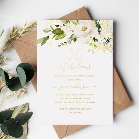 金ゴールドフローラシャンパン50とファブラス誕生日 箔招待状
