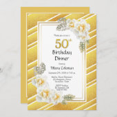 金ゴールドフローラストライプの50th誕生日ディナーパーティー 招待状 (正面/裏面)