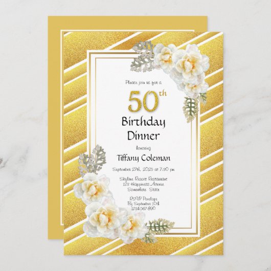 金ゴールドフローラストライプの50th誕生日ディナーパーティー 招待状 (正面/裏面)