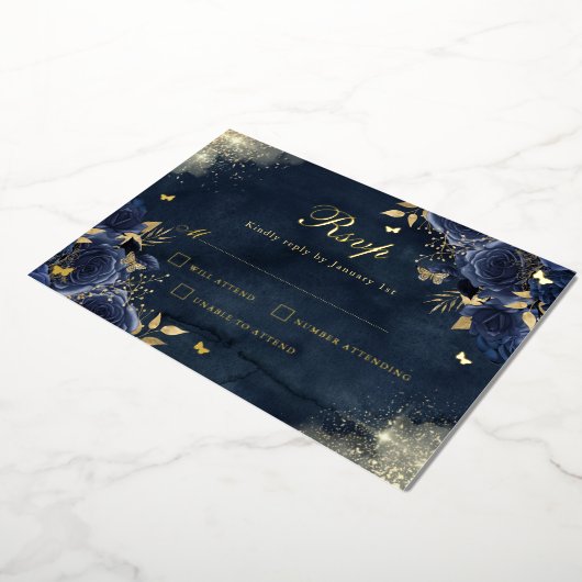 金ゴールドフローラスパークルバタフライネイビーキンセアニェラ 箔招待状 (回転した状態)