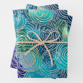 金ゴールドフローラスワーズオンブルーグリーンとティール（緑がかった色） ラッピングペーパーシート (インサイチュ)